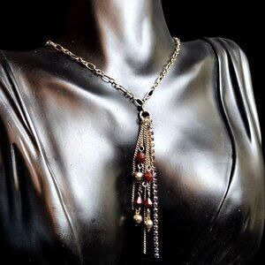 Boho Tassel Fashion Necklace Gold Brass Tone Brown Beads Blue Rhinestones 28"